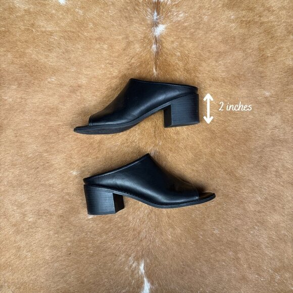 Esprit Black Peep Toe Mules Size 8M Chunky Block Heel Slide Sandals Faux Leather - Picture 5 of 7